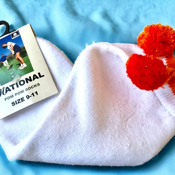 Vintage National Pom Pom Socks Anklets Womens 9 to 11 White & Orange NEW - Picture 5 of 8